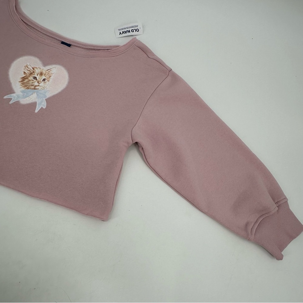 Old Navy Sweatshirt Girls M 8 Kids Boatneck Kids Cat Graphic Loose Fit New - Picture 7 of 8